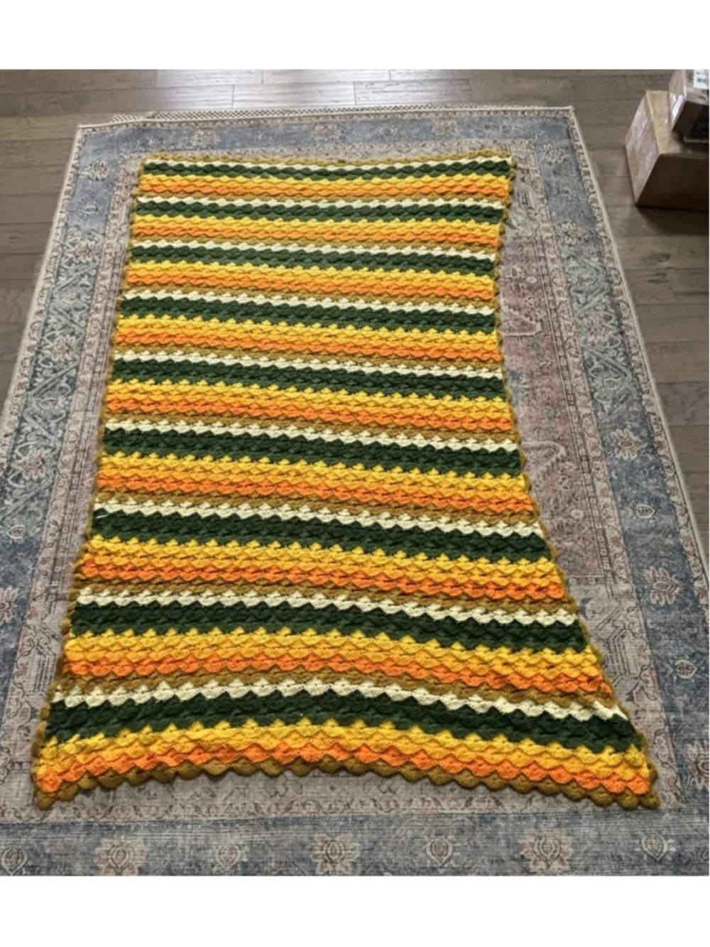 Vintage Crochet Handmade Afghan Throw Blanket Chevron 43x71” Green Orange Yellow
